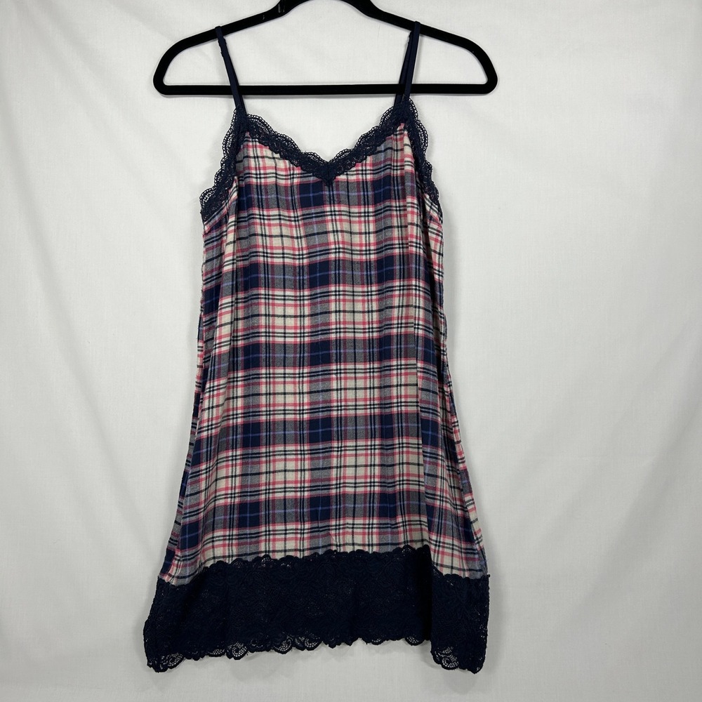 Aerie Plaid Navy Pink Lace Trim Slip Dress Chemise – Medium (M)